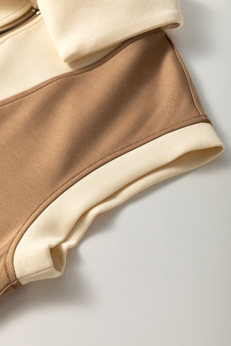 Simply Taupe Half Zipper Collared Colorblock Top - Love Salve